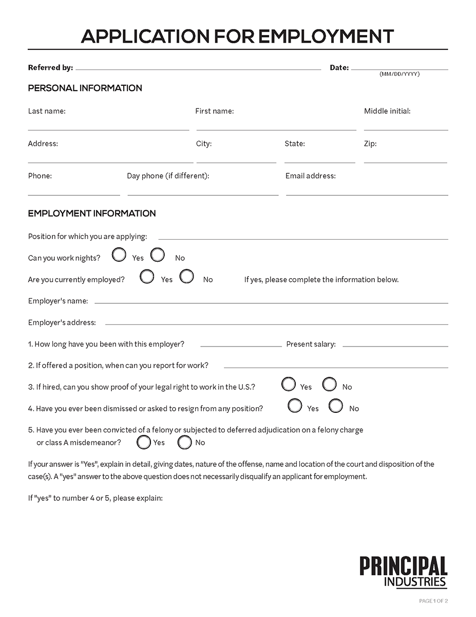 Principal Industries Application for Employment cover image