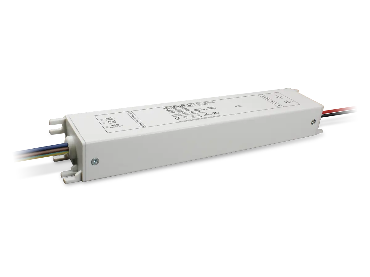 Principal Sloan 24S2 100W 24VDC power supply with white enclosure and lead wires.