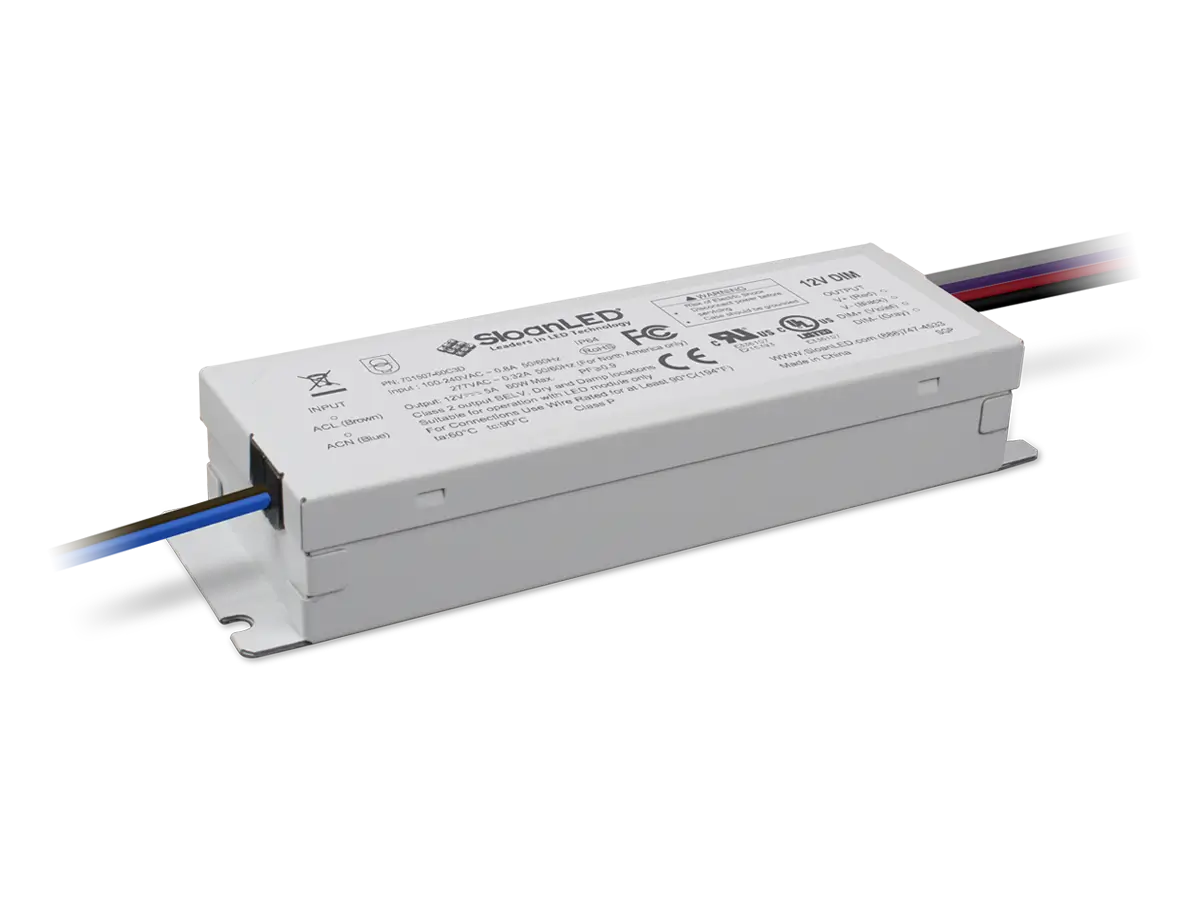 Principal Sloan 60C3D 60W 12VDC power supply with white metal enclosure.