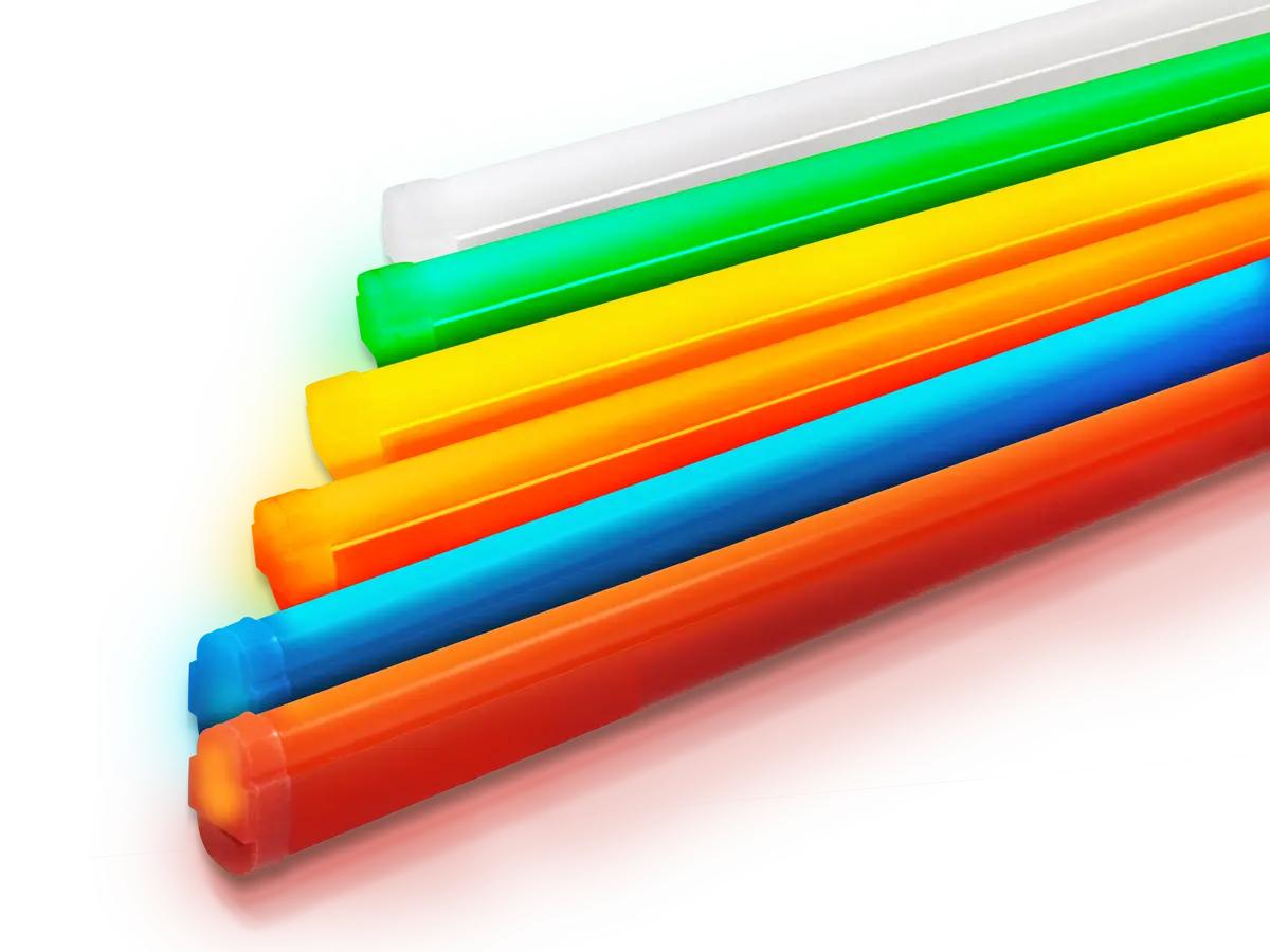 ColorLINE linear LED tubing illuminated in white, green, yellow, orange, blue, and red.