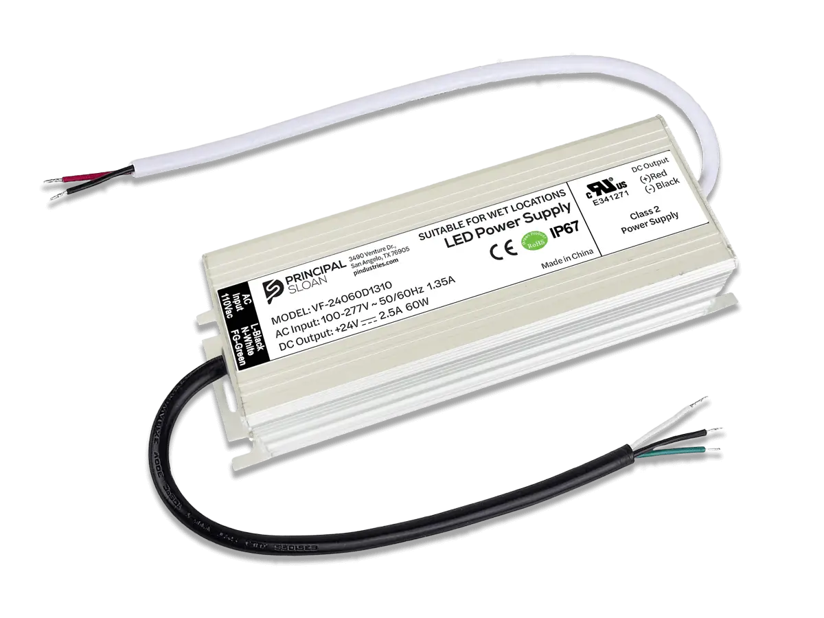 Principal Sloan Energizer 60W 24VDC IP67 LED power supply with lead wires.