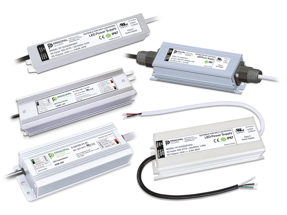 Five Principal Sloan Energizer LED power supplies in multiple wattages and voltages.