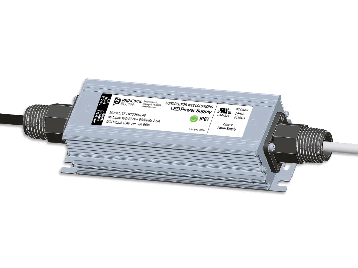 Principal Sloan Energizer 100W 24VDC IP67 LED power supply with threaded fittings.