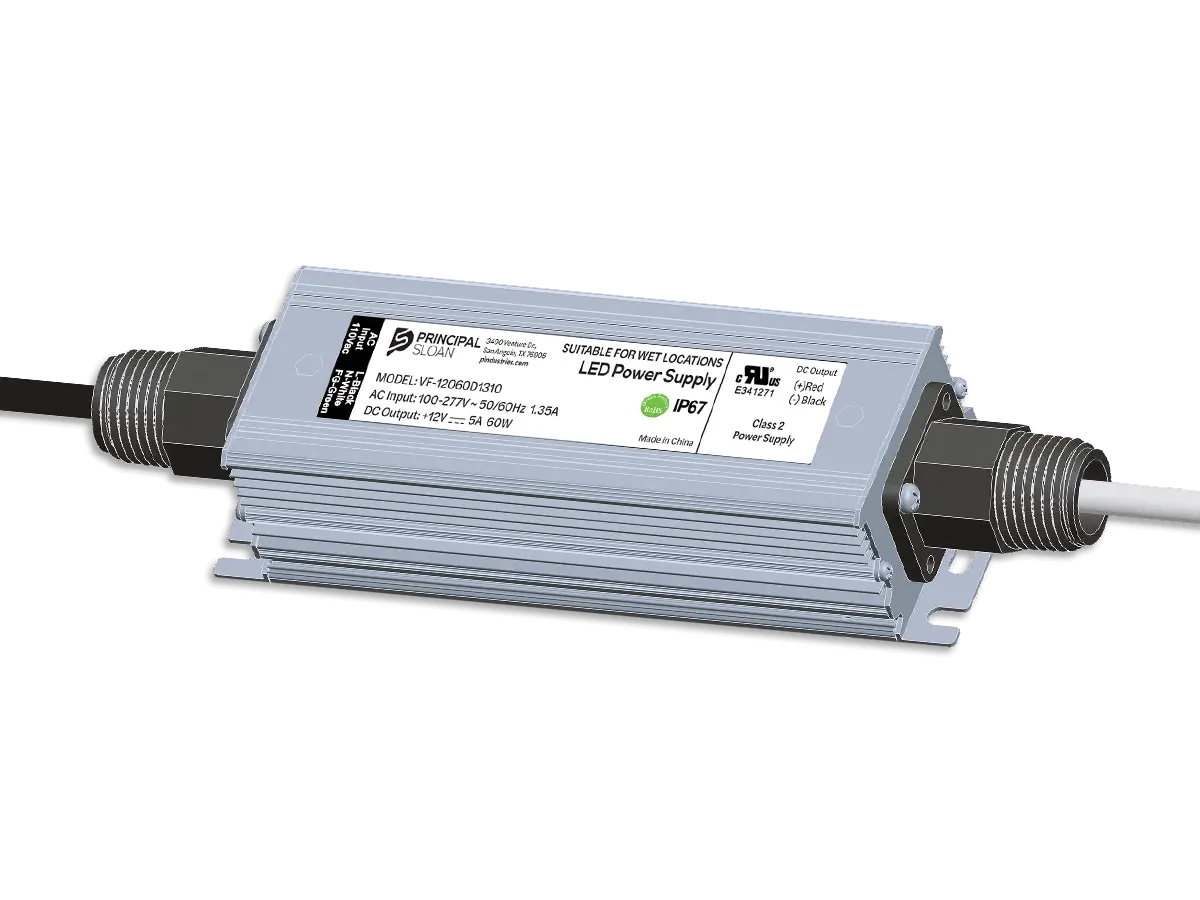 Principal Sloan Energizer 60W 12VDC IP67 LED power supply with threaded fittings.