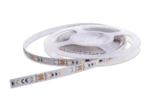 White flexible LED strip lighting partially unrolled from a reel.
