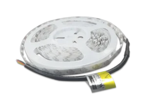 RGB flexible LED strip lighting wound on a reel with a four-wire connection.