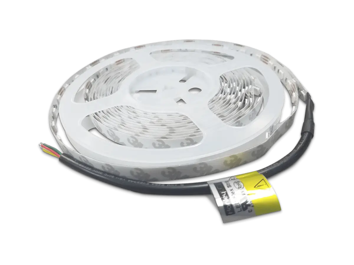 RGB flexible LED strip lighting wound on a reel with a four-wire connection.