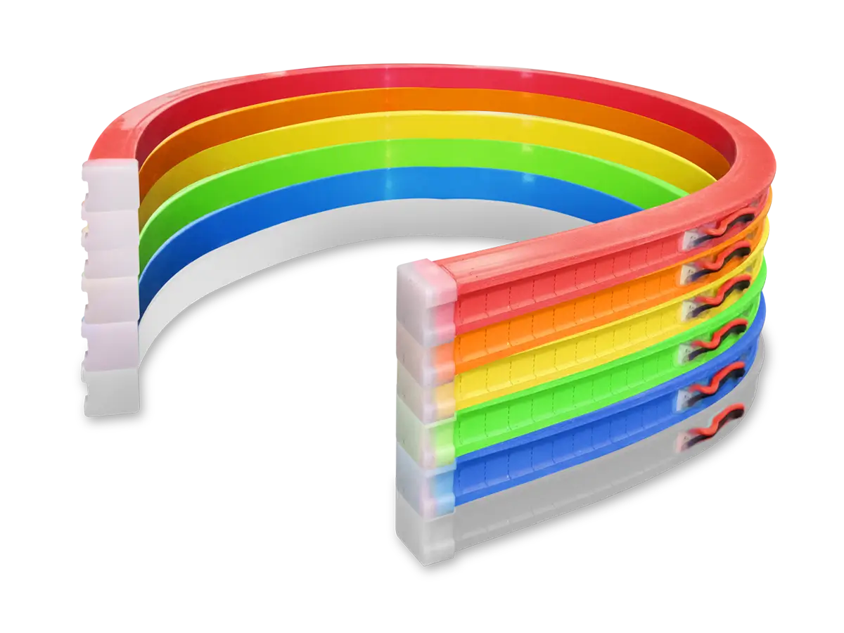 Coiled FlexiBRITE Back-Bend Gen 2 LED tubing in white, blue, green, yellow, orange, and red.