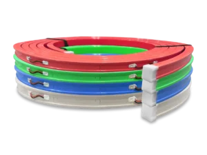 Coiled FlexiBRITE Wide Gen 2 LED tubing in white, blue, green, and red.