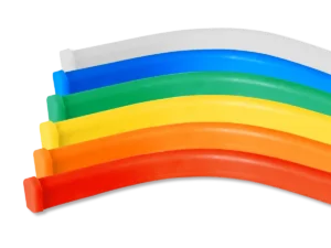 Curved FlexiBRITE24 LED border tubing in white, blue, green, yellow, orange, and red.