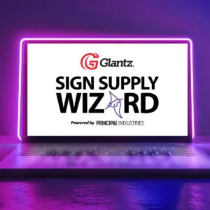 Glantz Sign Supply Wizard portal displayed on a laptop screen powered by Principal Industries.