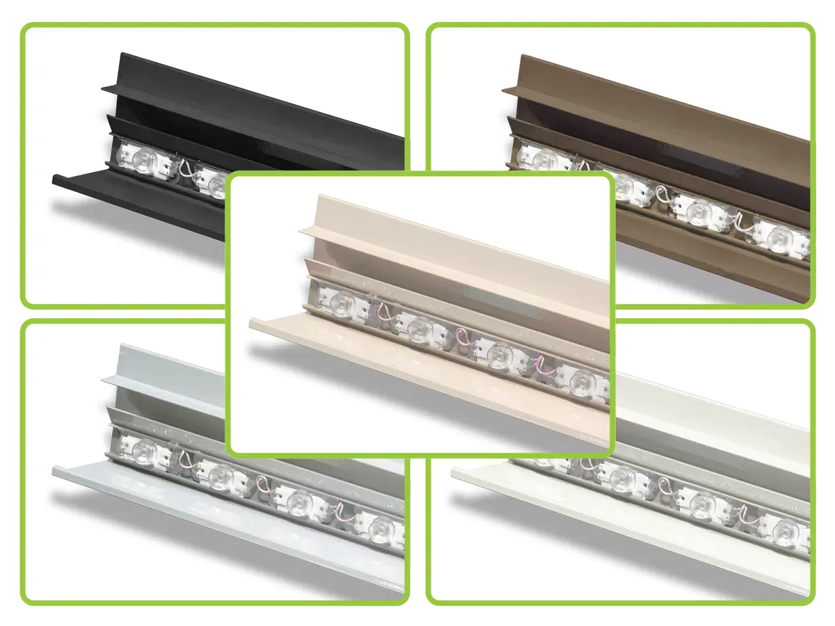 IllumiWrap lighting system shown in black, brown, beige, silver, and white finishes.