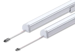 Two white LEDBlade linear lighting fixtures with connecting wires.