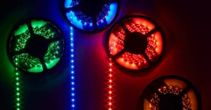 Red, green, blue, and amber LED light strips on reels.