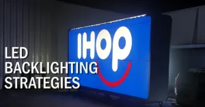 Illuminated IHOP cabinet sign featured in a Principal Sloan article about LED backlighting strategies.