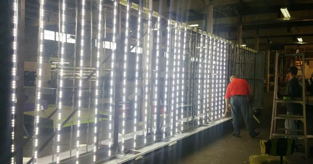 Large sign cabinet illuminated with vertical LED light strips during installation or testing.