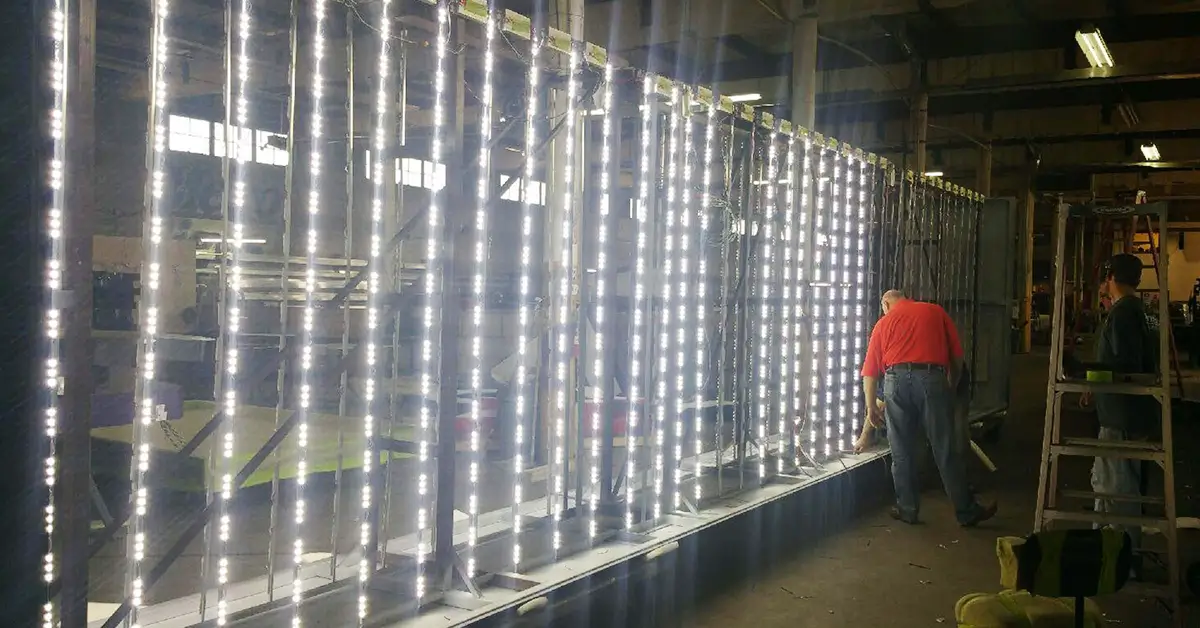 Large sign cabinet illuminated with vertical LED light strips during installation or testing.