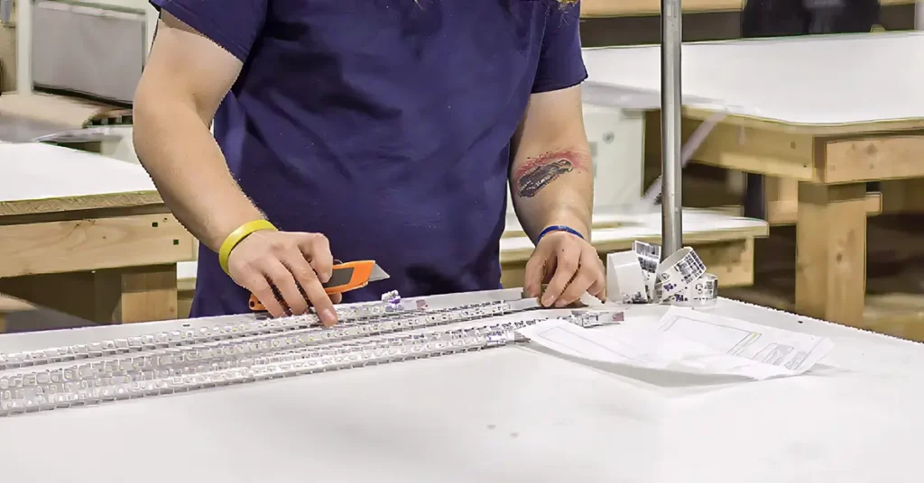 Technician assembling LED lighting components on a worktable.