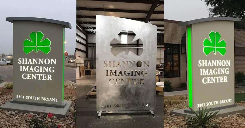 Shannon Imaging Center monument sign shown before fabrication, during production, and after installation.
