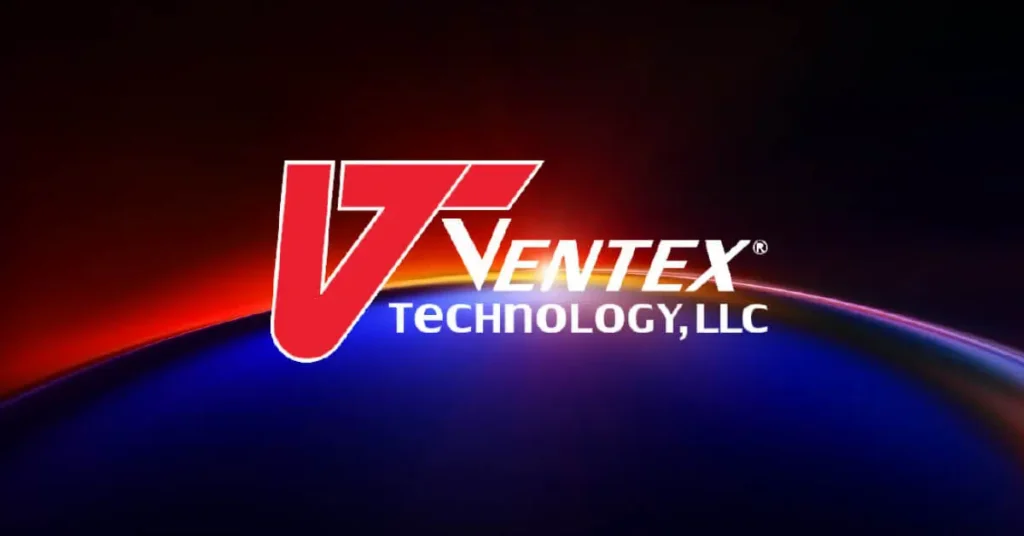 Ventex Technology logo on a red and blue illuminated background.