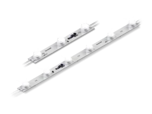 Two PosterBOX™ ID linear LED modules with multiple lenses and connecting wires.