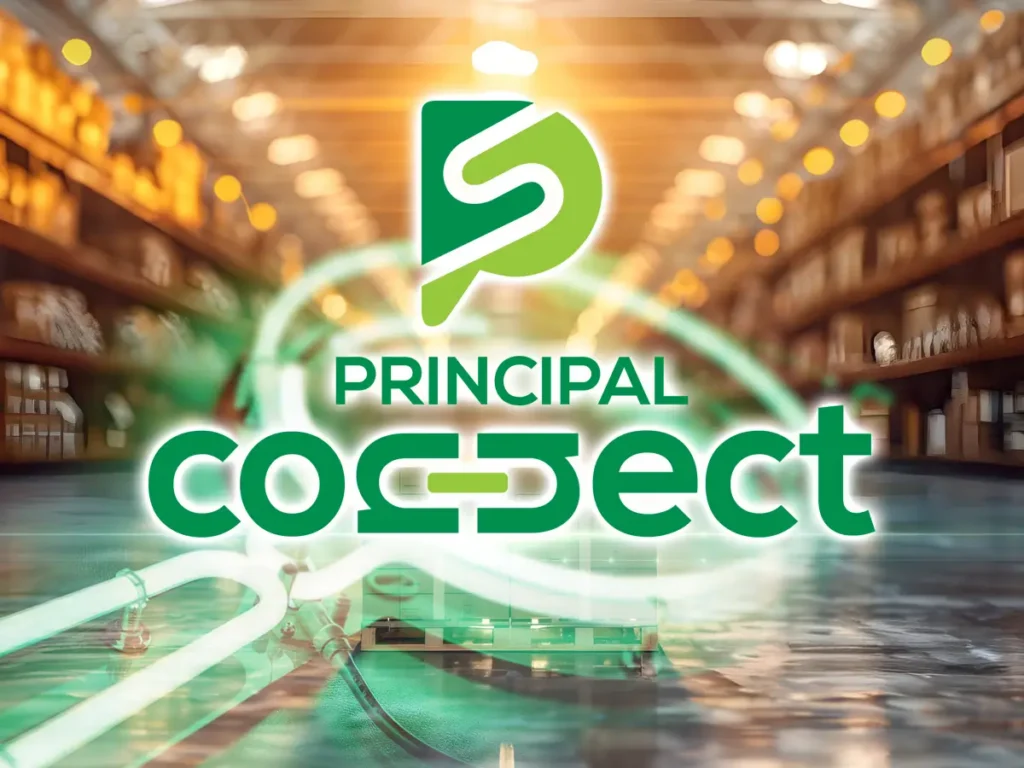 Principal Connect inventory support service branding with warehouse background.