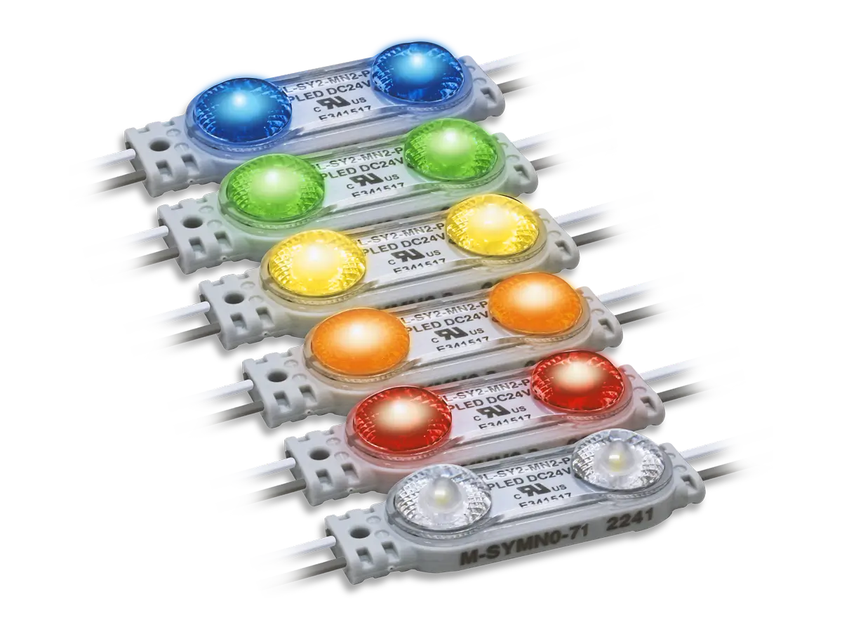 Prism Synergy Mods Gen 1 Mini LED modules illuminated in white, red, green, blue, yellow, and orange.