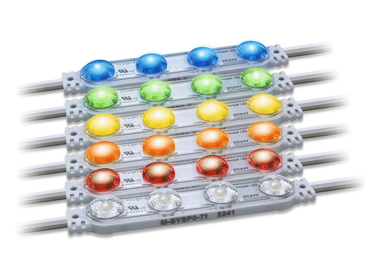 Prism Synergy Mods Gen 1 Spec four-lens LED modules illuminated in multiple colors.