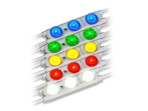 Prism12 LED sign modules illuminated in white, blue, green, yellow, and red.