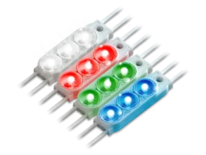 Prism12 Mini three-lens LED sign modules illuminated in white, red, green, and blue.