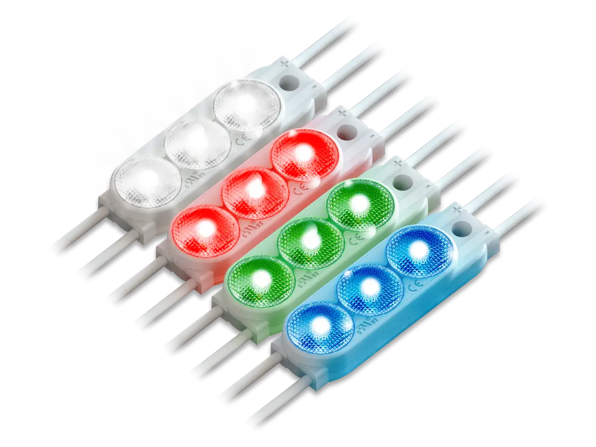 Prism12 Mini three-lens LED sign modules illuminated in white, red, green, and blue.