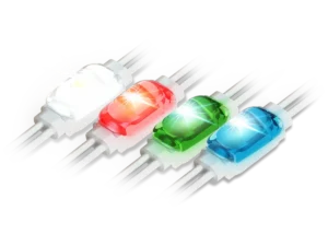 Prism12 Nano+ single-lens LED sign modules illuminated in white, red, green, and blue.