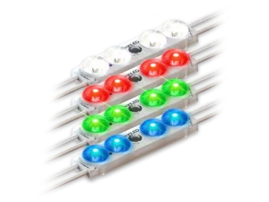 Prism24 three-lens LED sign modules illuminated in white, red, green, and blue.