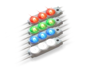Prism24 Mini three-lens LED sign modules illuminated in white, red, green, and blue.