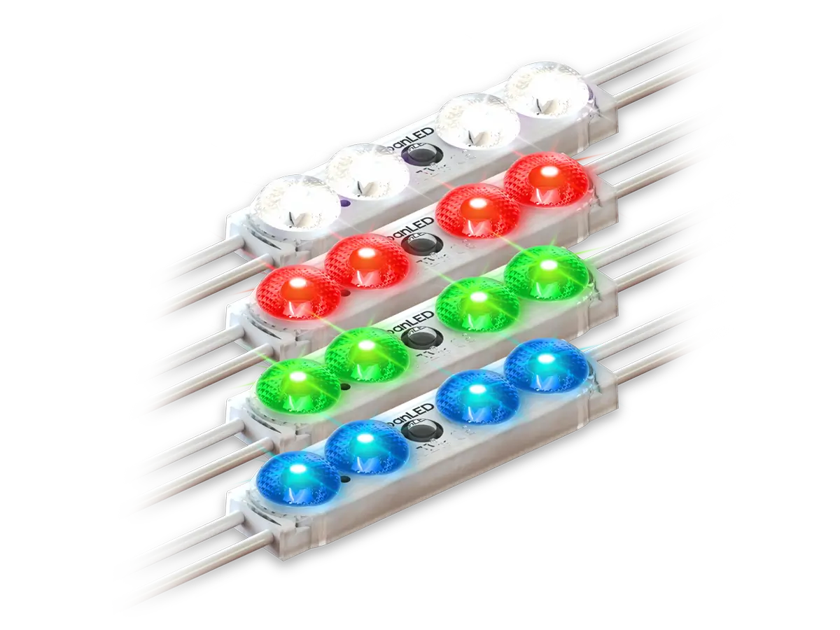 Prism24 three-lens LED sign modules illuminated in white, red, green, and blue.