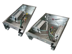 Two open Qwik Box™ Slim pre-wired power supply enclosures showing internal power supplies and wiring.