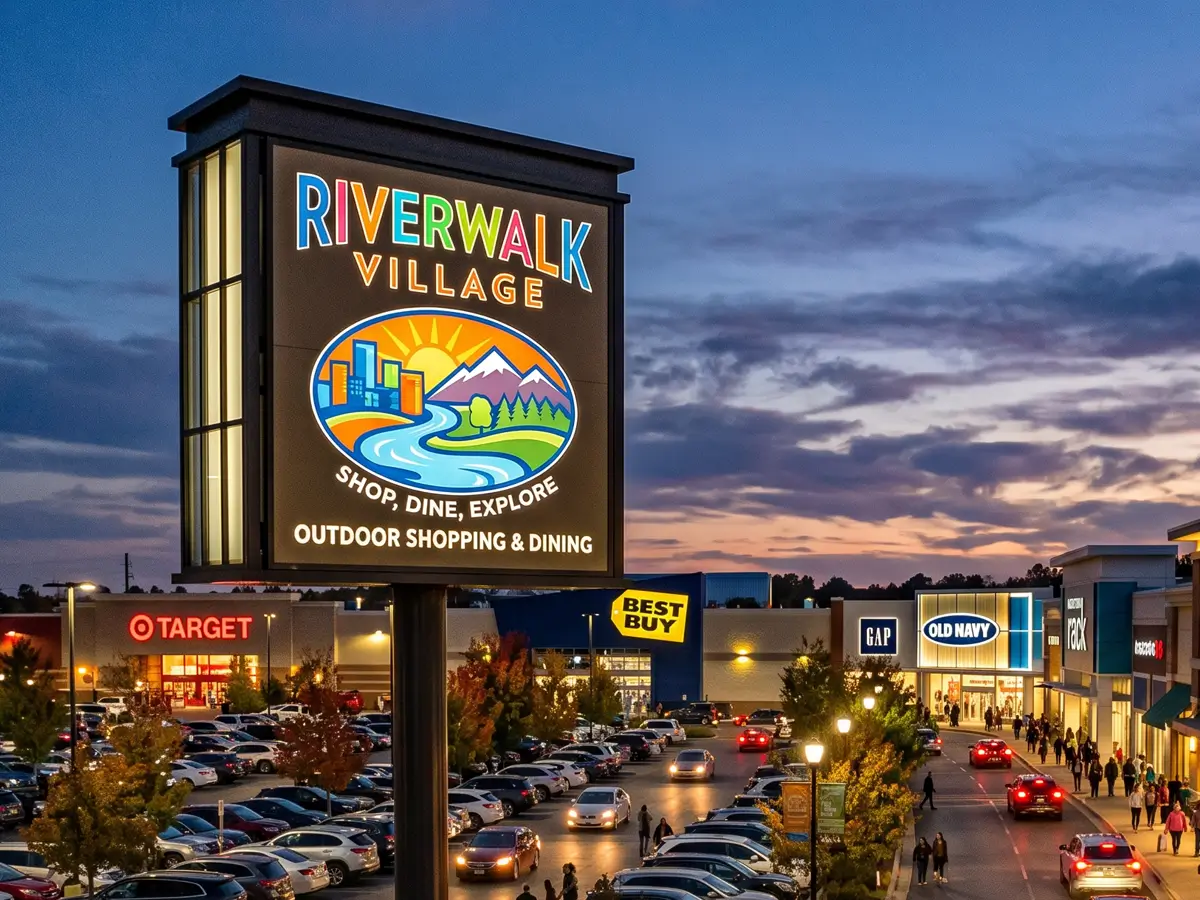 Illuminated Riverwalk Village cabinet sign overlooking a busy outdoor shopping center at dusk.