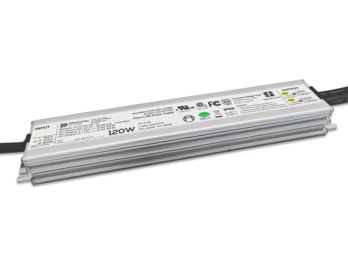 Principal Sloan Superior 120W 12VDC Class 2 LED power supply for dry, damp, and wet location applications.