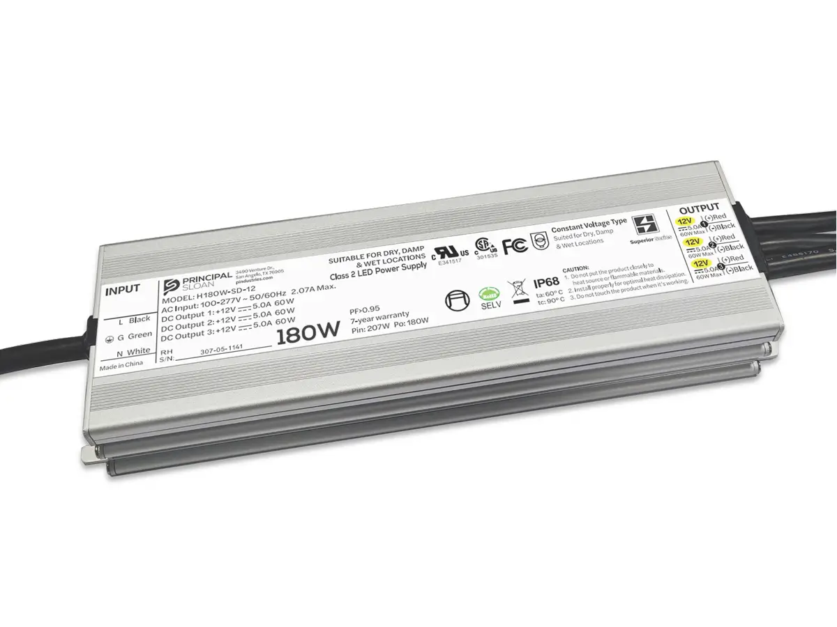 Principal Sloan Superior 180W 12VDC Class 2 LED power supply for dry, damp, and wet location applications.