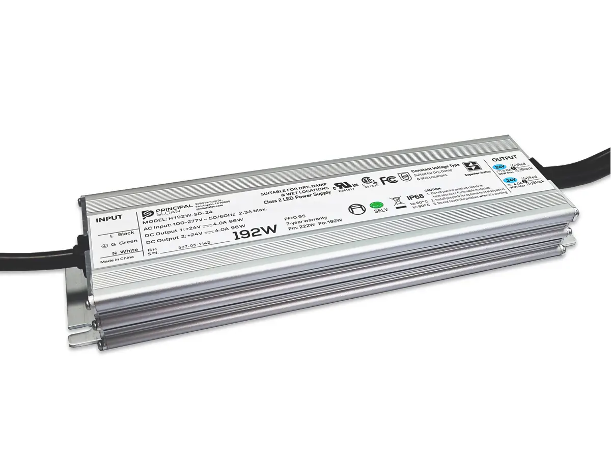 Principal Sloan Superior 192W 24VDC Class 2 LED power supply for dry, damp, and wet location applications.