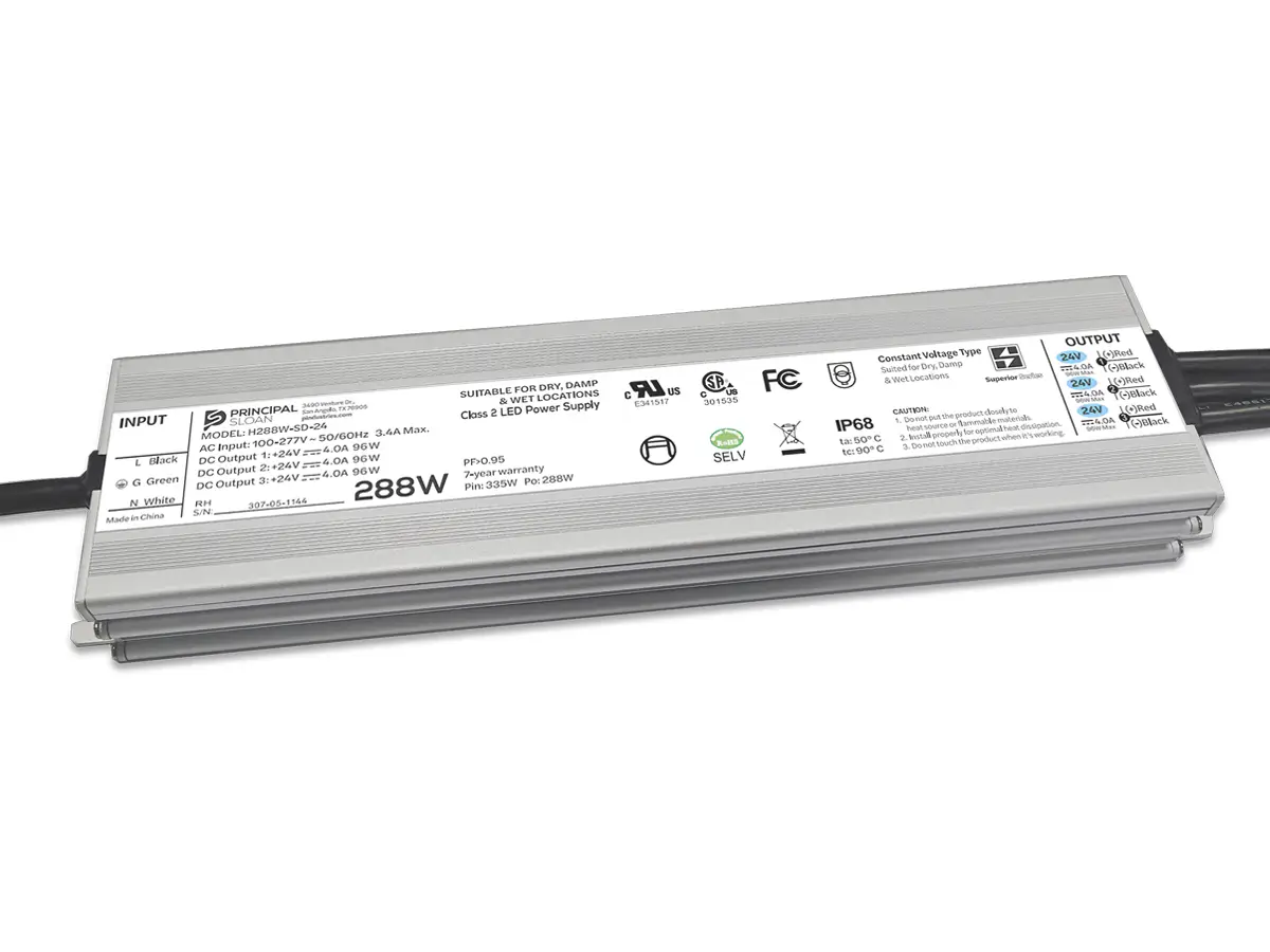 Principal Sloan Superior 288W 24VDC Class 2 LED power supply for dry, damp, and wet location applications.