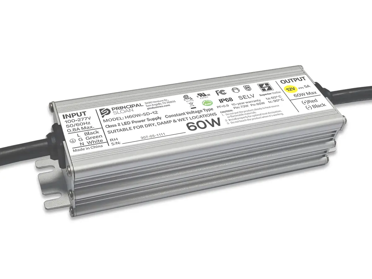 Principal Sloan Superior 60W 12VDC Class 2 LED power supply for dry, damp, and wet location applications.