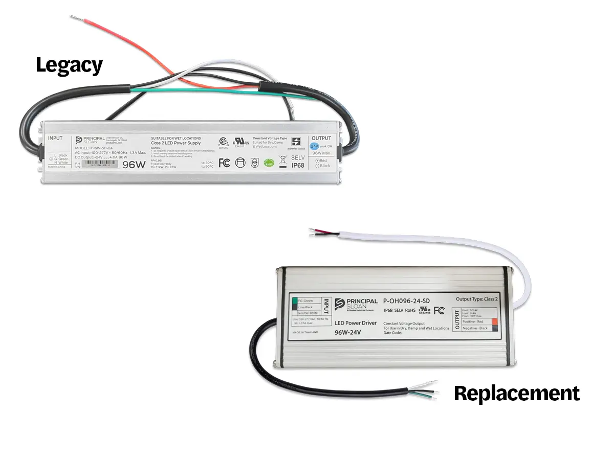 Principal Sloan Superior 60W 24VDC Class 2 LED power supply for dry, damp, and wet location applications.