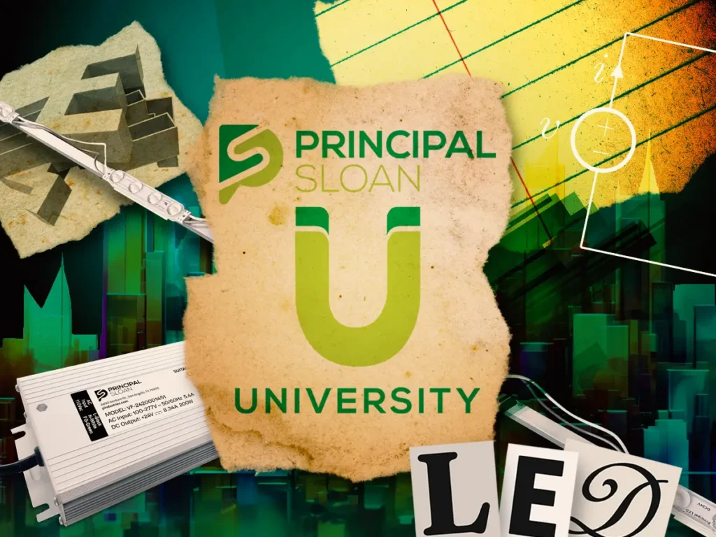 Principal Sloan University educational branding with LED products and learning graphics.