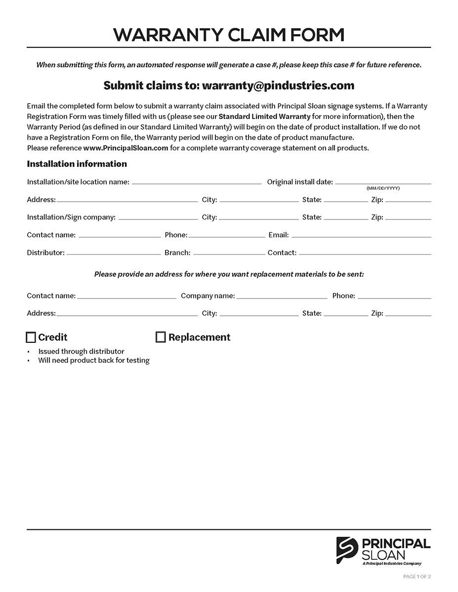 Principal Sloan Warranty Claim Form cover image