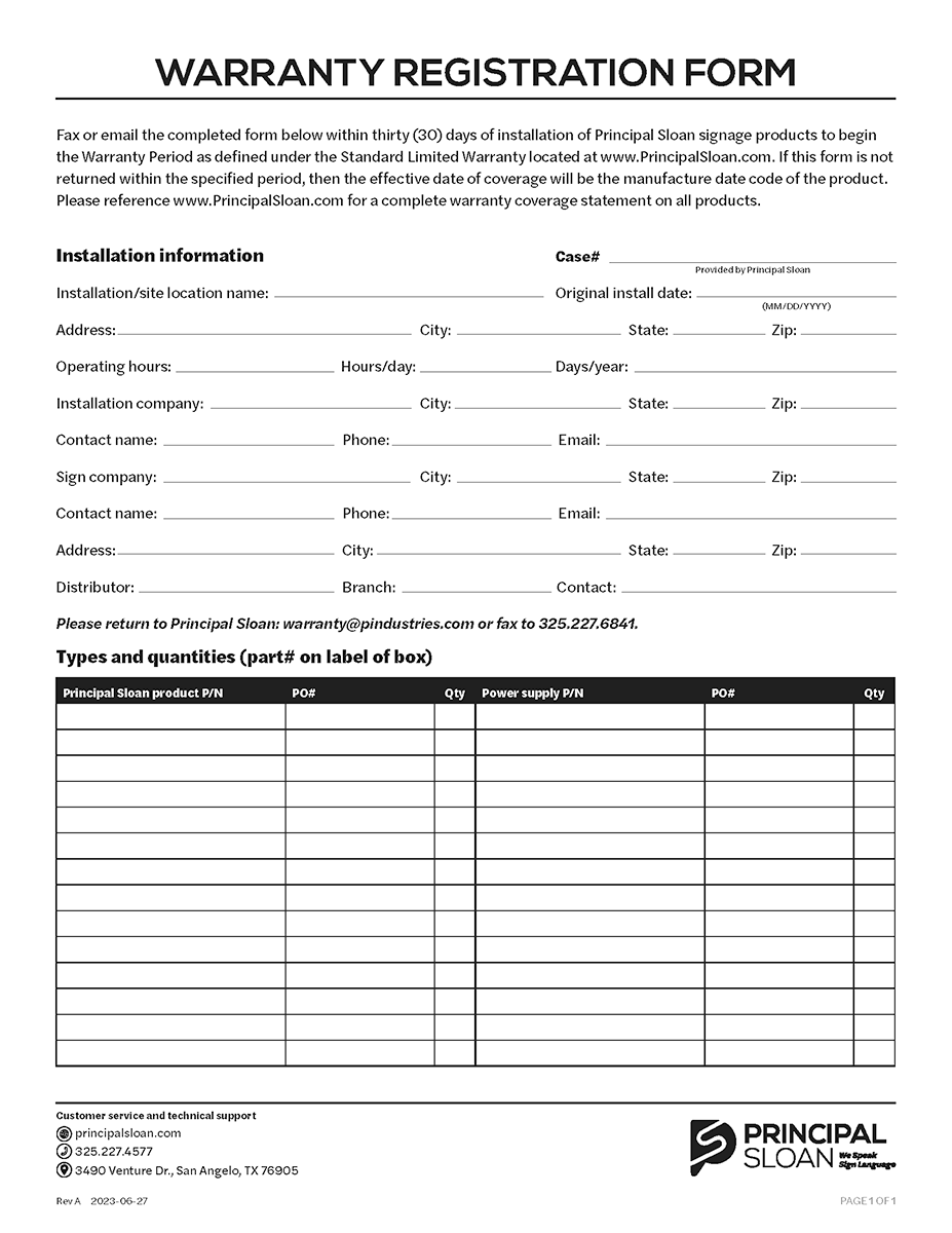 Principal Sloan Warranty Registration Form cover image